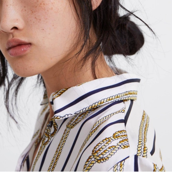 Zara Rope Printed Long Button-Up Satin Like Shirt - Picture 2 of 5